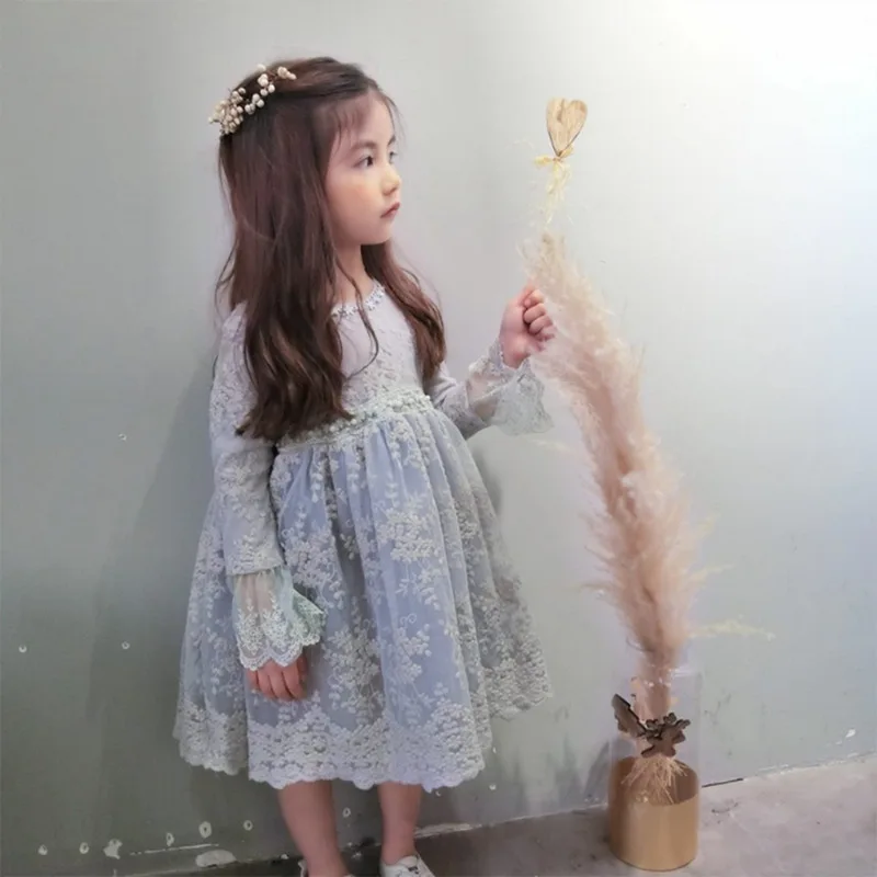 

Children girl Spring Autumn Lace Flower Cotton dress kids girls Fashion Long Sleeved Beaded Princess Party dresses Baby clothing