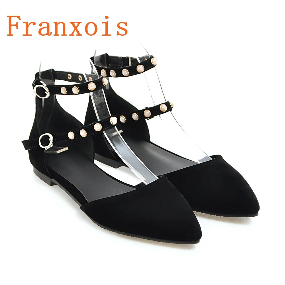

Franxois Suede Women Flat Heels Sandals Pearl decoration Shoes Woman Cross-belt Buckle Rubber sole Summer Shoes big size 34-43