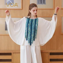 VOA плюс размер 5XL свободная футболка тяжелый шелк белая футболка Женские топы рукав «летучая мышь» принт Повседневный пуловер Harajuku Корейская весна B367