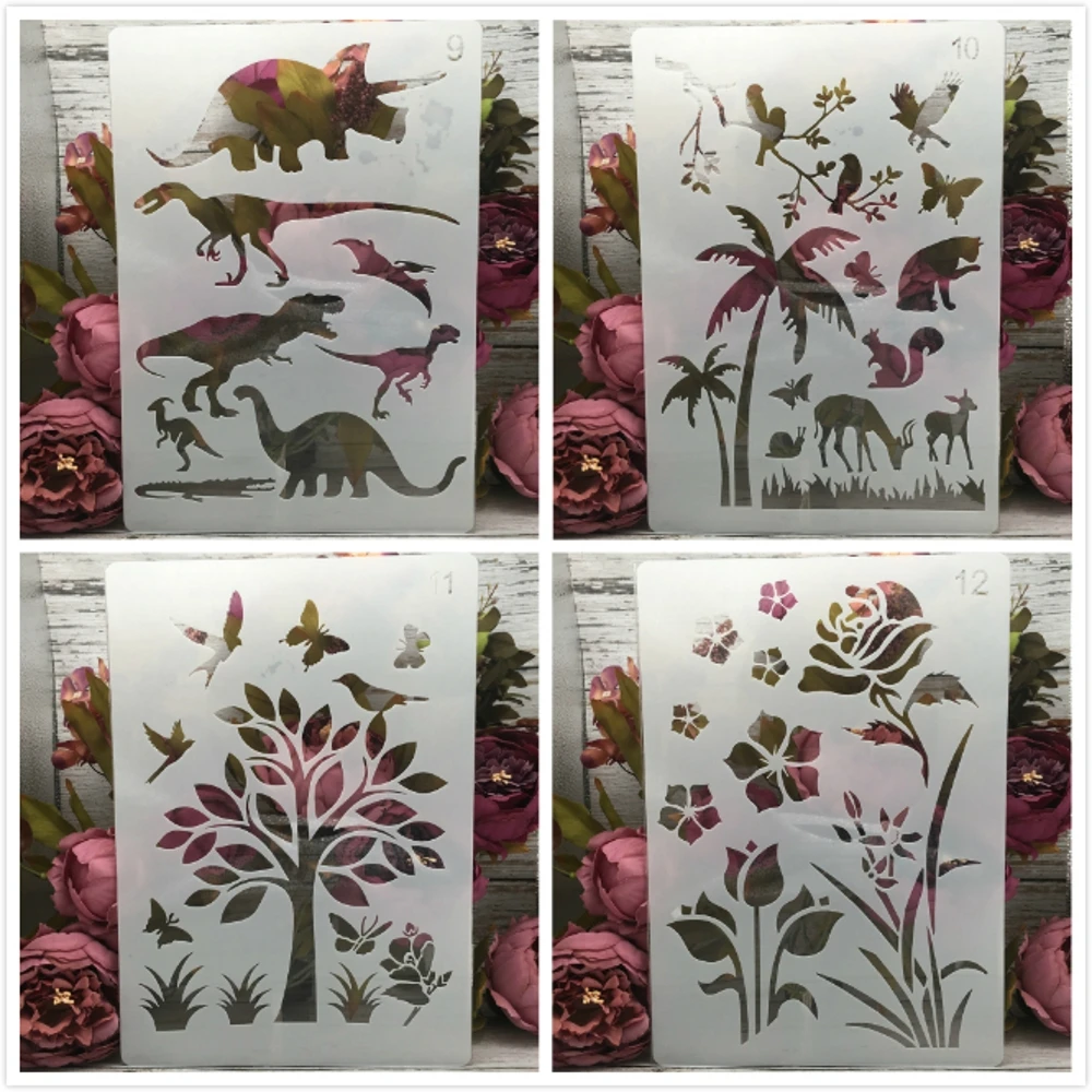

4Pcs/Set A4 29cm Dinosaur Forrest Flower Bird DIY Layering Stencils Painting Scrapbook Coloring Embossing Decorative Template