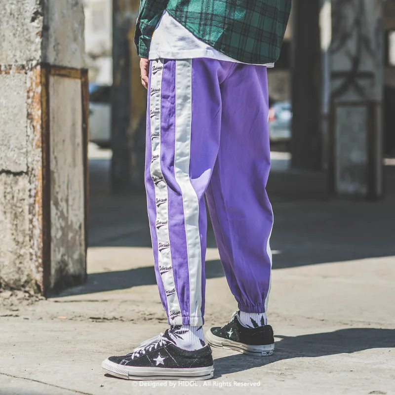 Саржевые винтажные штаны с боковой полосой в стиле старой школы, спортивные тактические брюки для мужчин в стиле хип-хоп Swag, уличная одежда черного/фиолетового цвета