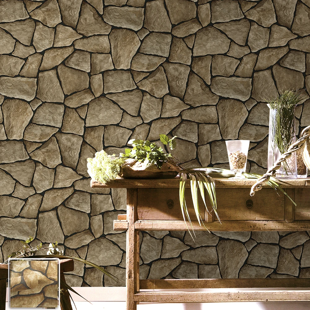 HaokHome Vintage Faux Marble Stone Wallpaper Rolls Taupe/Black 3D Brick Realistic Murals Home