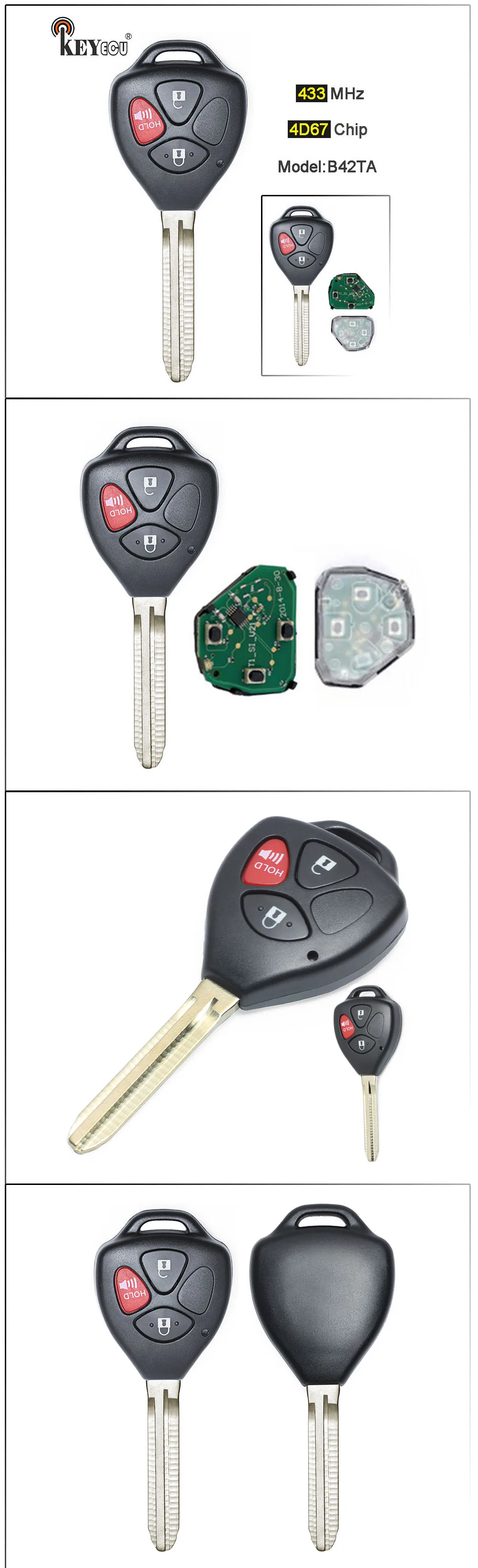 KEYECU Model: B42TA 433MHz 4D67 Chip Replacement 3 Button Remote Key Fob for Toyota Hilux 4Runner Fortuner 2003-2009