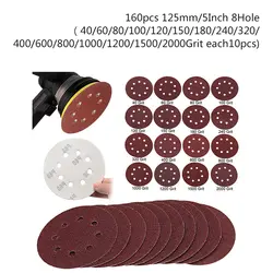 160 шт./комплект 125 мм 5 шлифовальные диски 40-2000 грит Sander наждачная бумага 8 отверстий колодки Новые
