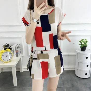

Women's Clothing Set Summer 2019 New Chiffon Casual Printed O-neck Short Sleeve T-shirt And Shorts Two Pieces Suits S-3XL