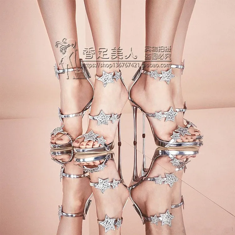 Koovan/женские босоножки на высоком каблуке со стразами пикантные водонепроницаемые сандалии со звездами в римском стиле туфли-лодочки для девочек 11 см и 8 см