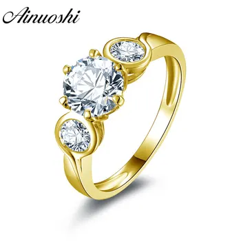 

AINUOSHI Trendy 6 Claws 3 Stone Round Ring 14K Solid White/Yellow Gold Unique Bezel Setting Sona Diamond Wedding Engagement Ring