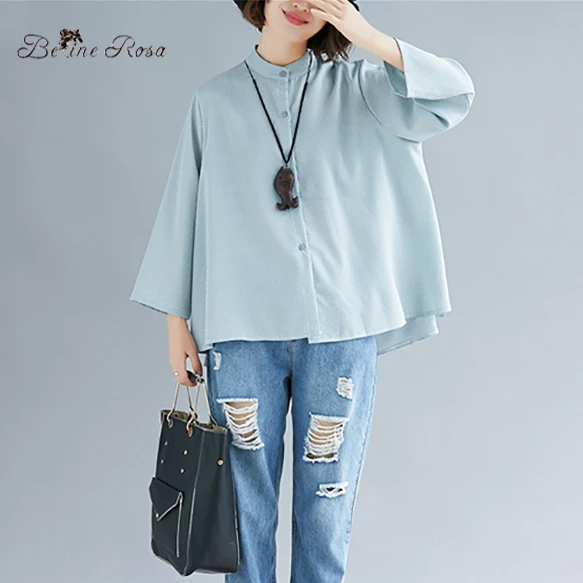 

BelineRosa Plus Size Women Blouse 2019 Pure Color Simple Style Stand Collar Striped Women Female Blouses Fit L ~ 3XLBSDM0195