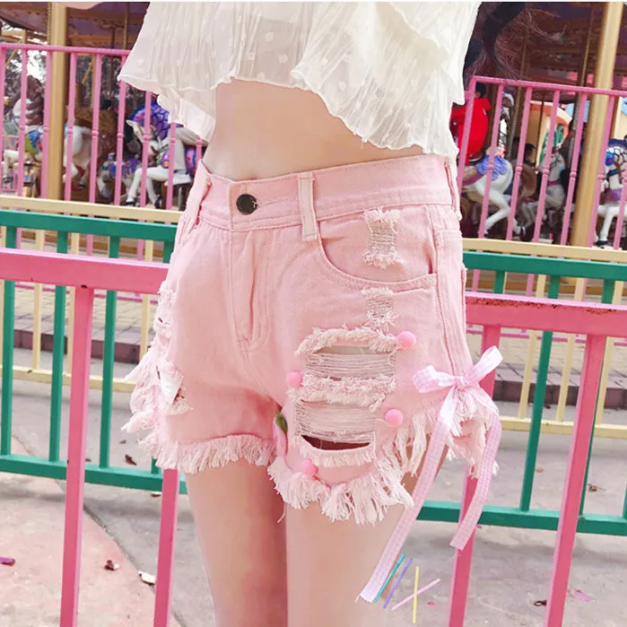 Comprar Verano Kawaii Junior pantalones cortos de mezclilla mujeres Corea ahueca hacia fuera pantalones cortos ins Rosa Blanco Bow Jeans Feminino Casual Hole Bottoms
