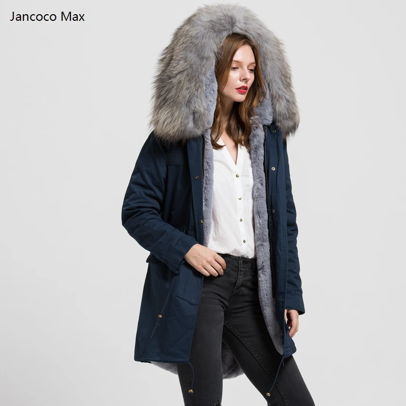 

Jancoco Max Navy/ Green/ Black Long Jacket Women Real Raccoon Large Fur Collar Top Warm Parka Fur Lined Coat Detachable S1544