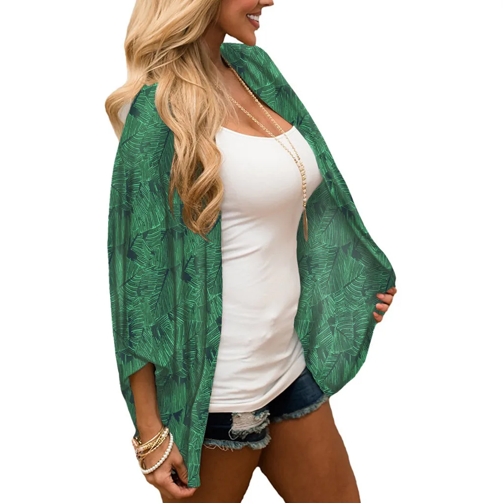 Women Floral Printed Short Half Sleeve Chiffon Kimono Cardigan Tops Blouse