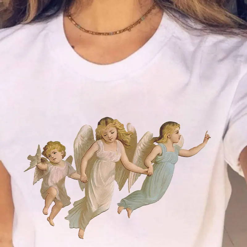 لا يمكنك الجلوس معنا ثلاثة الملائكة قميص المتناثرة مضحك فوج T قميص المرأة الصيف عارضة الأزياء Kawaii الكرتون الملاك قمم المحملات