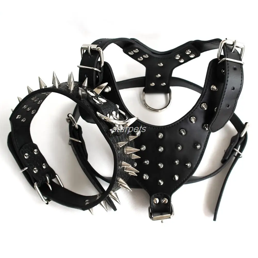 

High Quality Spiked Studded Leather Dog Harness Chest 26"-34" & Spiked Leather Collar for Mastiff Pitbull Boxer