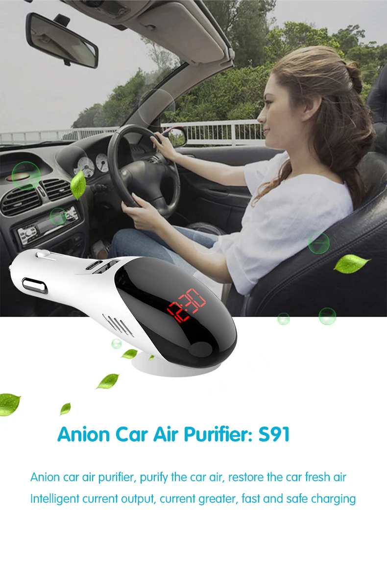 

Car charger with negative ion aroma purifier , phone fast charge digital displayremove odor and keep the air inside the car fres