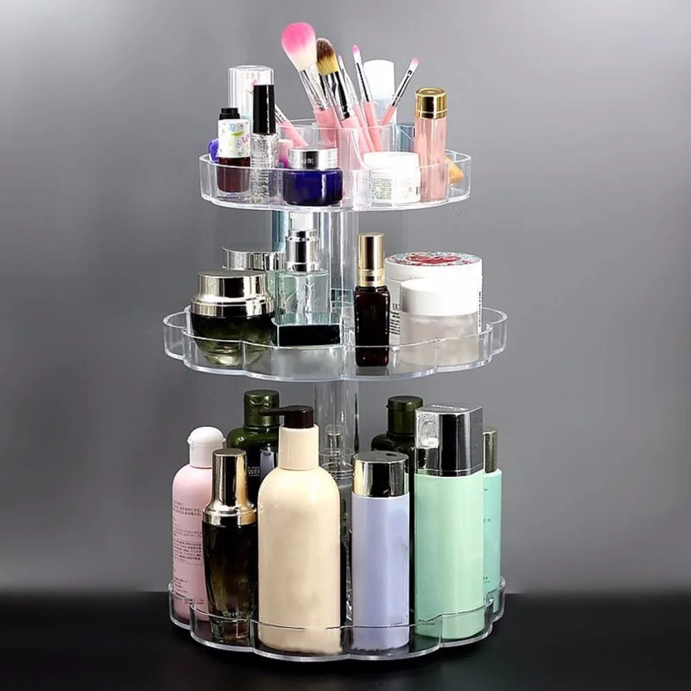 Transparent Rotating Makeup Organizer Case 3 Tiers Acrylic Cosmetic