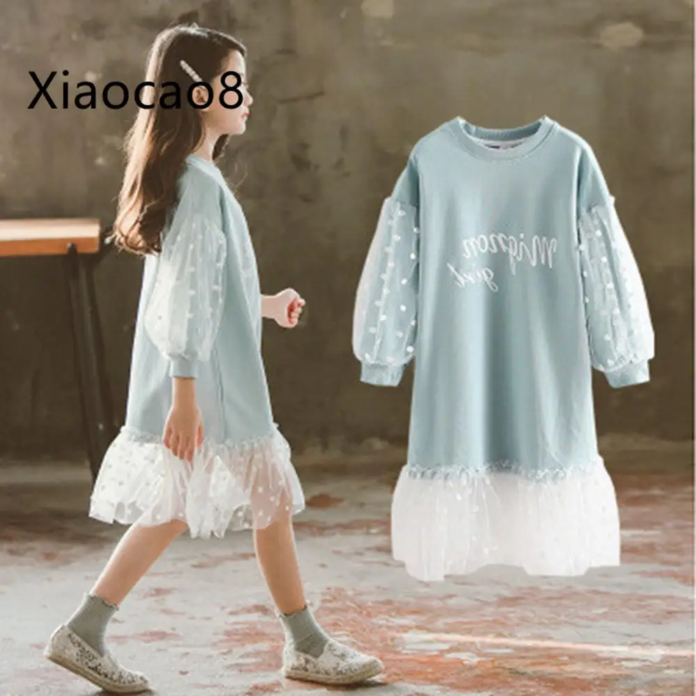 

2019 Autumn Puff Long Sleeve Sweater Dress Girl White Lace Princess Dress Fashion Blue Purple Kids Dresses for Girls Clothes