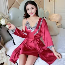 Весна, лето, осень, Женская шелковая ночная рубашка, комплект из 2 предметов, халат и ночная рубашка, Женский пижамный комплект, женские пижамы, сексуальное женское белье