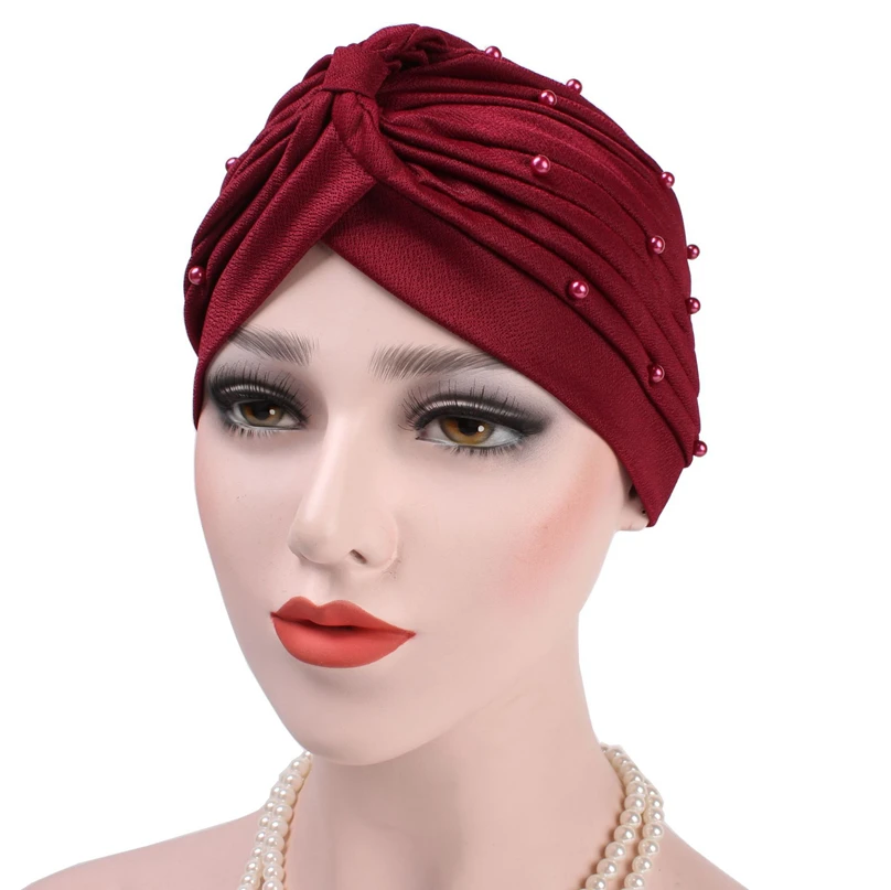 

New Fashion Women Solid Pleated Turban Headband Beaded Muslim Hijabs Cozy Scarf Turbans Headwraps