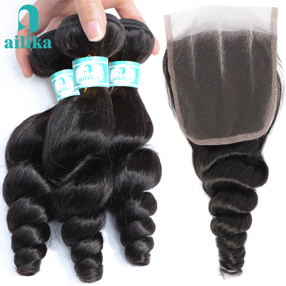 

AILIKA Brazilian Hair Weave Bundles With Closure Non Remy Human Hair 3 Bundles With Closure Loose Wave Bundles With Closure