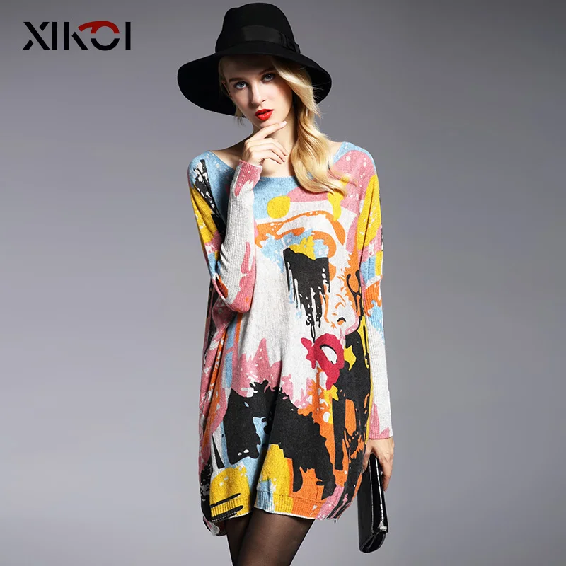 XIKOI المعتاد سترة الأزياء كم طباعة القطع الرقبة المرأة البلوزات البلوفرات الكمبيوتر محبوك النساء سترة