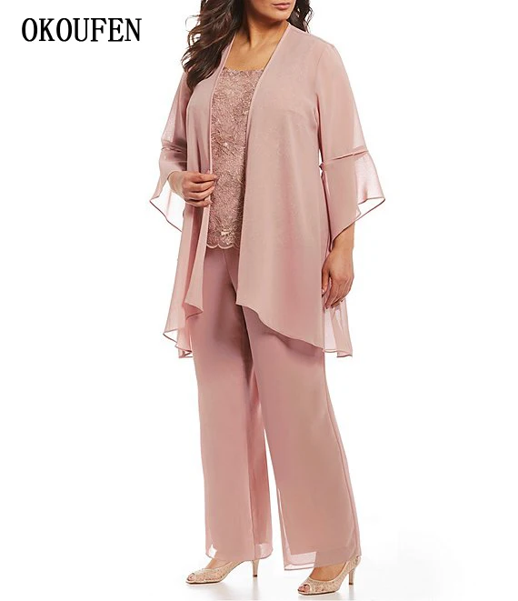 

Plus Size Mother of the Bride Dresses for Wedding 2019 Chiffon 3 Piece Pant Set Dusty Rose kurti vestido de madrinha farsali