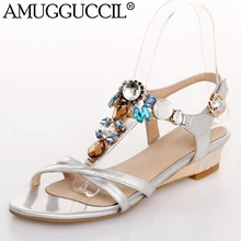 2017 New Genuine Leather Gold Silver Rhinestone Buckle Fashion Casual Summer Wedges Shoes Girl Lady Female Women Sandals L749