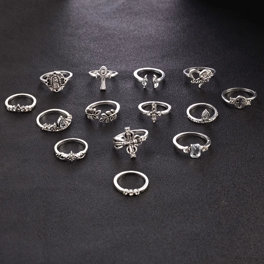 Sindlan 14 шт. романтическое серебряное обручальное кольцо с кристаллами в форме сердца и крестиком, очаровательное свадебное кольцо, набор обручальных колец, кольца для пальцев для женщин