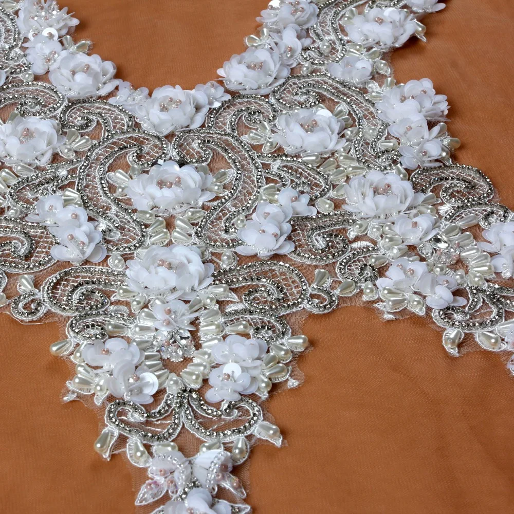 Белый большой узор с тяжелыми бусинами аппликация патч полиэстер вышивка патч свадебное платье аксессуары