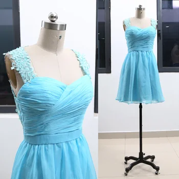 

MACloth Sky Blue Short Strap Knee-Length Short Embroidery Tulle Prom Dresses Dress M 264694 Clearance