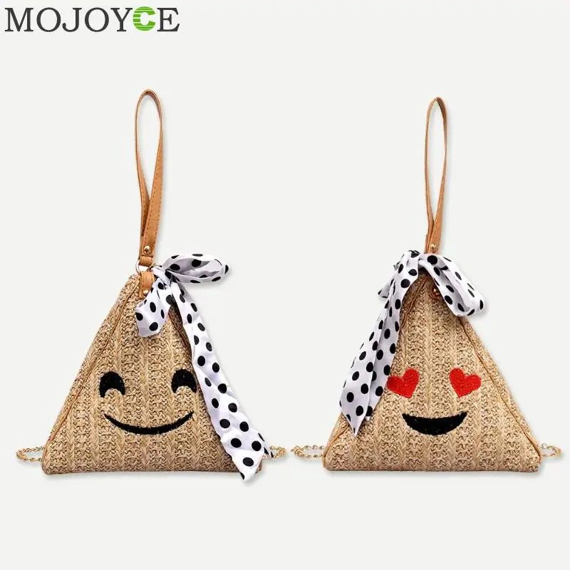 

Expression Women Straw Handwoven Chain Shoulder Handbags Straw Women Triangle Silk Crossbody Bags