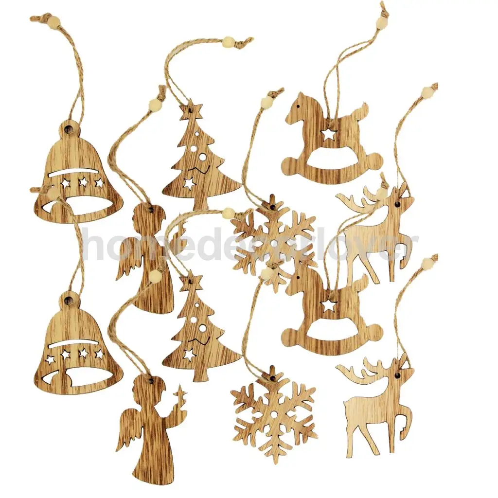 12 Pieces Assorted Wooden Shapes Christmas Tree Ornament Xmas Hanging Bell Snowflake Decoration Gifts Vintage Style