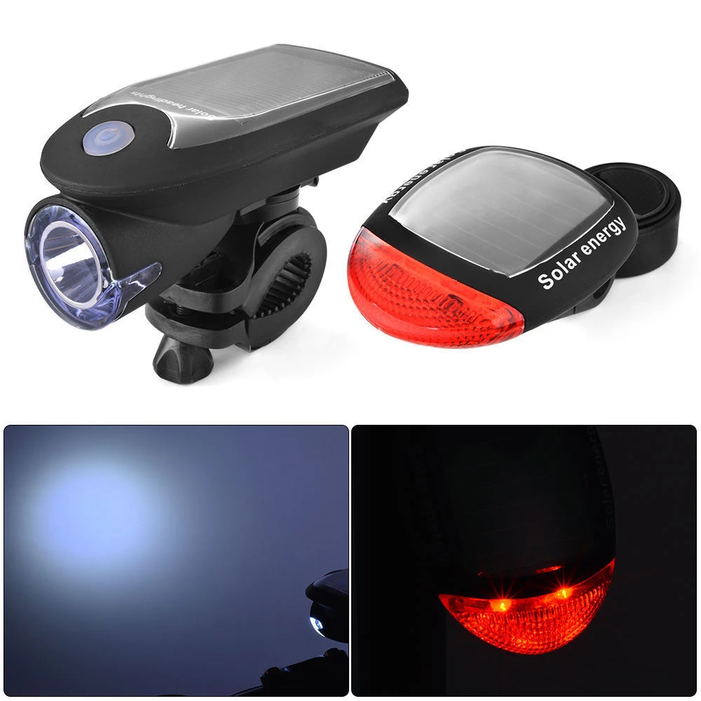 Cheap Solar Energy Rechargeable Bicycle LED Light Bike Warning Lamp Front and Rear Safety Flashlight Accessories Set 1