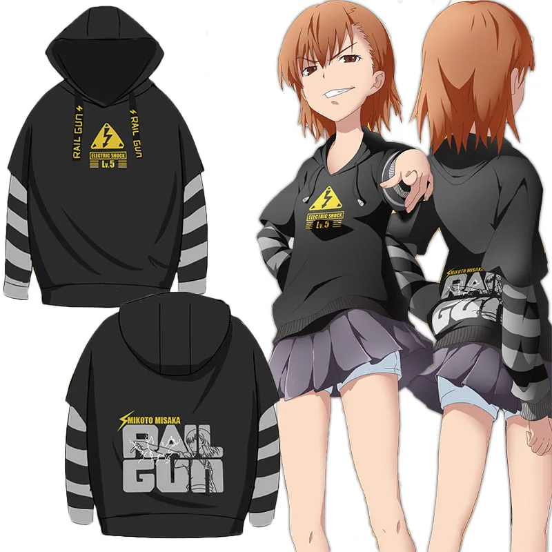 

Anime Toaru Kagaku no Railgun Cosplay Sweatshirt Misaka Mikoto Fake 2 Pieces Black Coat Unisex Casual Long Sleeve Outwear Hooded