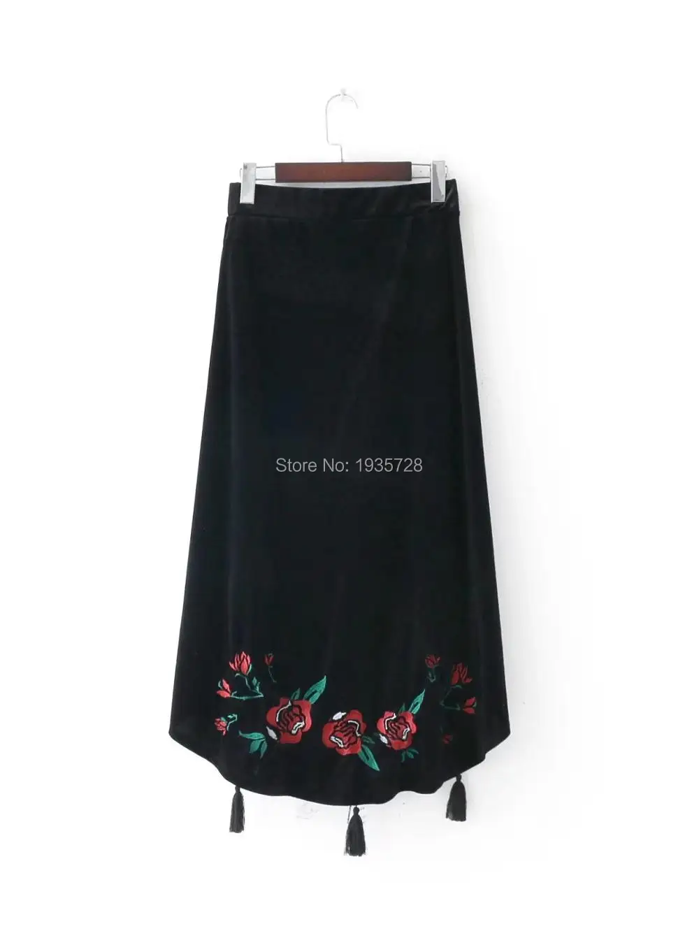 WISHBOP Новинка Женская модная длинная Асимметричная черная бархатная юбка с перекрещивающимися кисточками с цветочной вышивкой