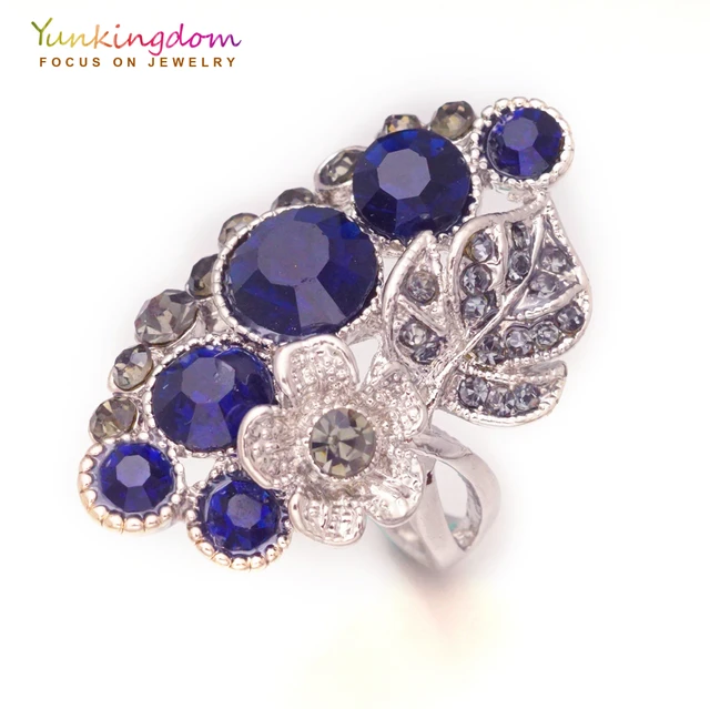 Yunkingdom Elegant vintage ethnic big rings for women blue crystal rhinestone an Yunkingdom Elegant vintage ethnic big rings for women blue crystal rhinestone an