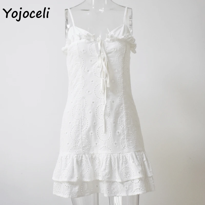 Yojoceli сексуальное богемное пляжное хлопковое платье с вышивкой, кружевной сарафан, летнее открытое мини-платье с оборками