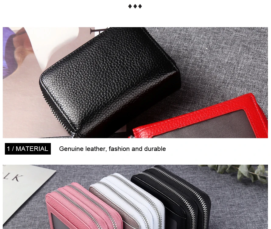 Fashion Brand Genuine Leather Women Card Holder Double Zipper Large Capacity Female ID Credit Card Case Bag Wallet