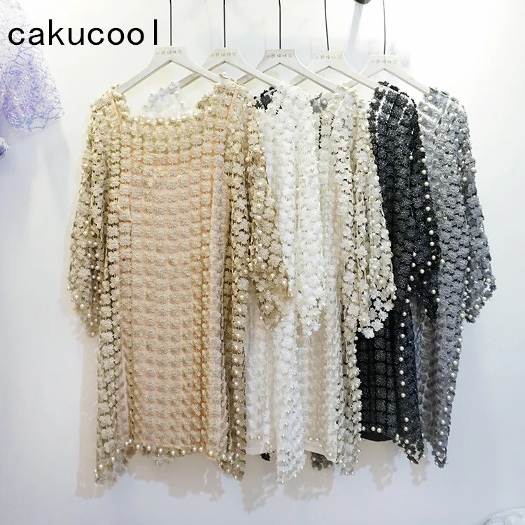

Cakucool New Women Lace Floral Dress Hollow Out Pearl Beading Spring Long Sleeve Vestido Square Collar Loose Cute Mini Dresses