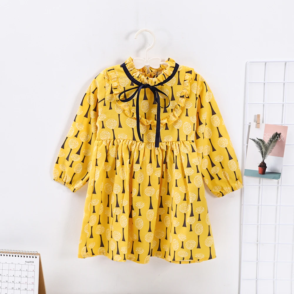 

Baby Girl Dress Kids Spring Autumn Children's Bow Yellow Print Dandelion Long Sleeve Princess Dress for Girl Kids Clothing 2019
