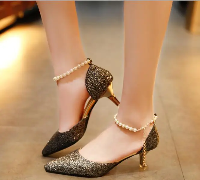 Women shoes Fashion black High Heels Pumps Female Sequined pointed stiletto women's sandals beautiful Sweet wedding Shoes