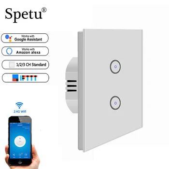 

Spetu Wifi Smart Wall Switch EU Panel Touch Light 2 Gang Remote Control Socket Plug Work Amazon alexa,Goole Assistant,IFTTT