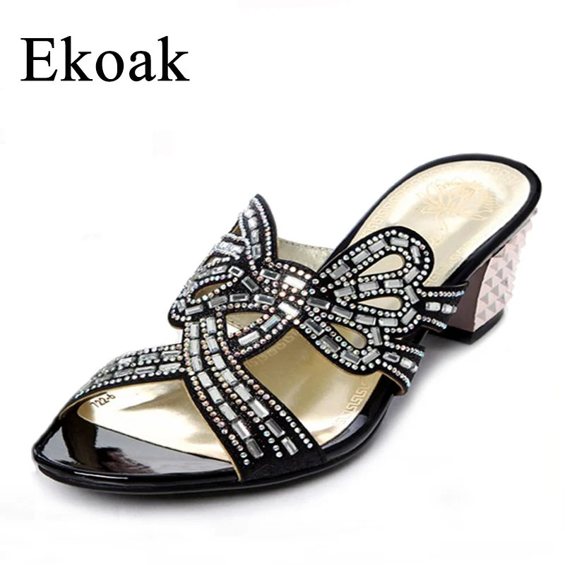 

Ekoak Fashion Rhinestone Women Sandals New 2017 Summer Shoes Sexy Cut-outs High Heels Sandals Ladies Party Shoes Woman Slippers