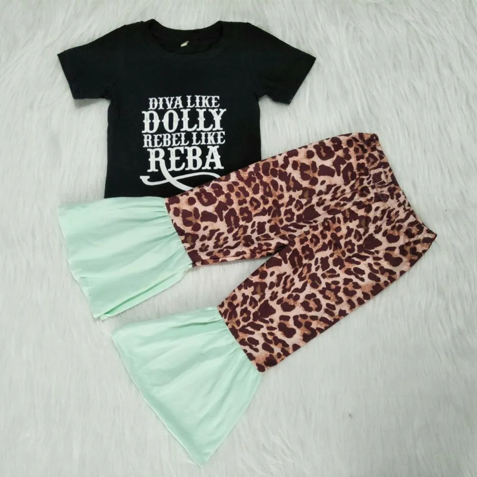 

New Hot Sale children girl clothes Summer short sleeve outfits diva like rebel like reba print boutiqueclothing set