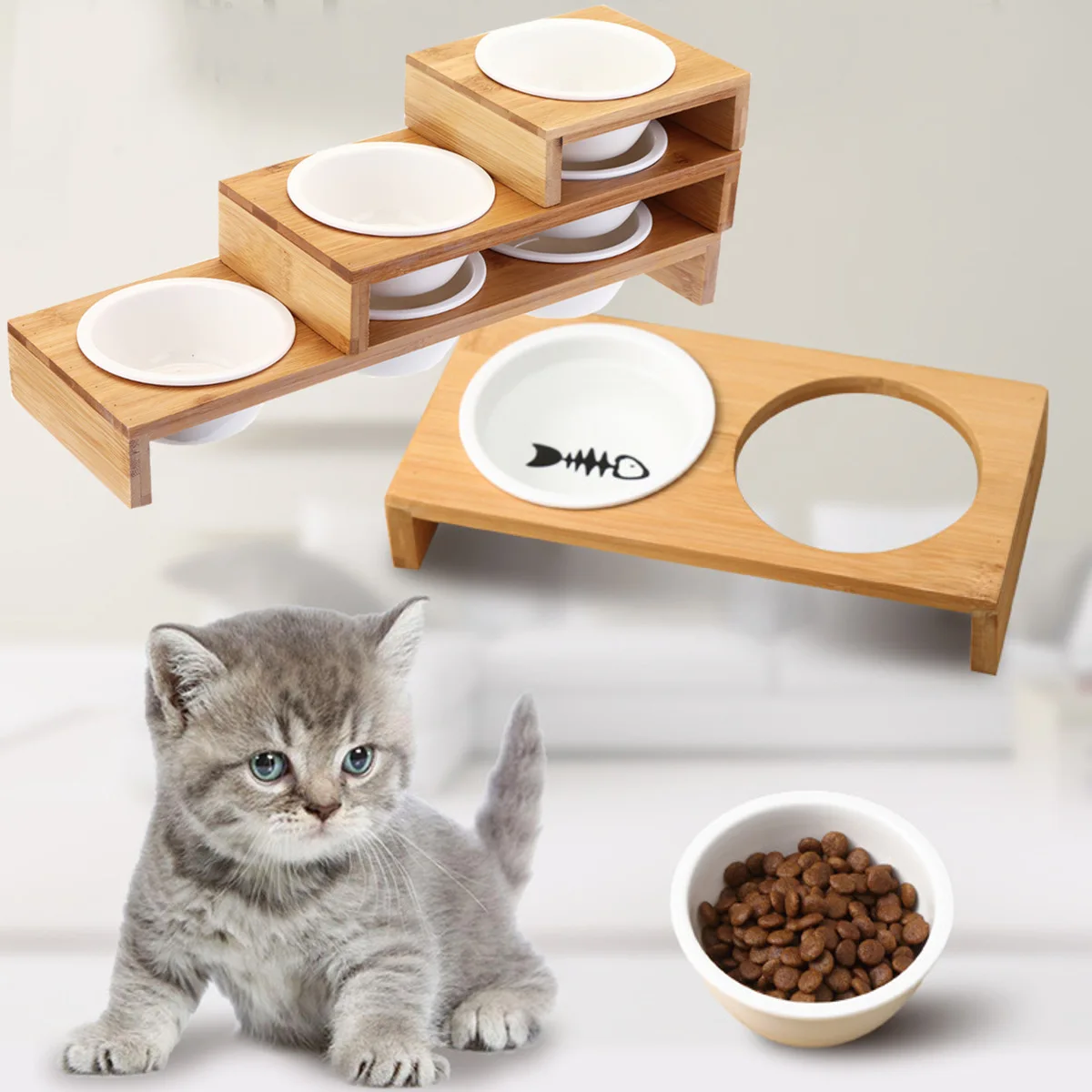 

1/2/3 Bowls Cat Dog Feeders Bowl Ceramic Pet Food Tableware Water Bowl Bamboo Frame Antiskid Pet Supplies Dog Cat Feeding Bowl