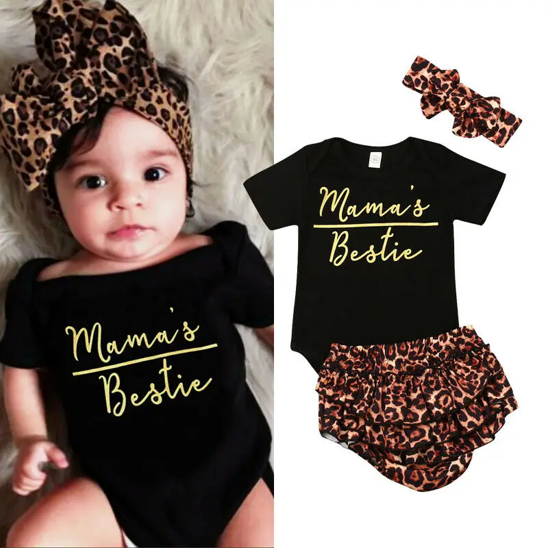 

2019 New 3Pcs Toddler Baby Girls Mama's Bestie Print Short Sleeve Romper Ruffles Leopard Pants Headband Outfits Set 0-18M