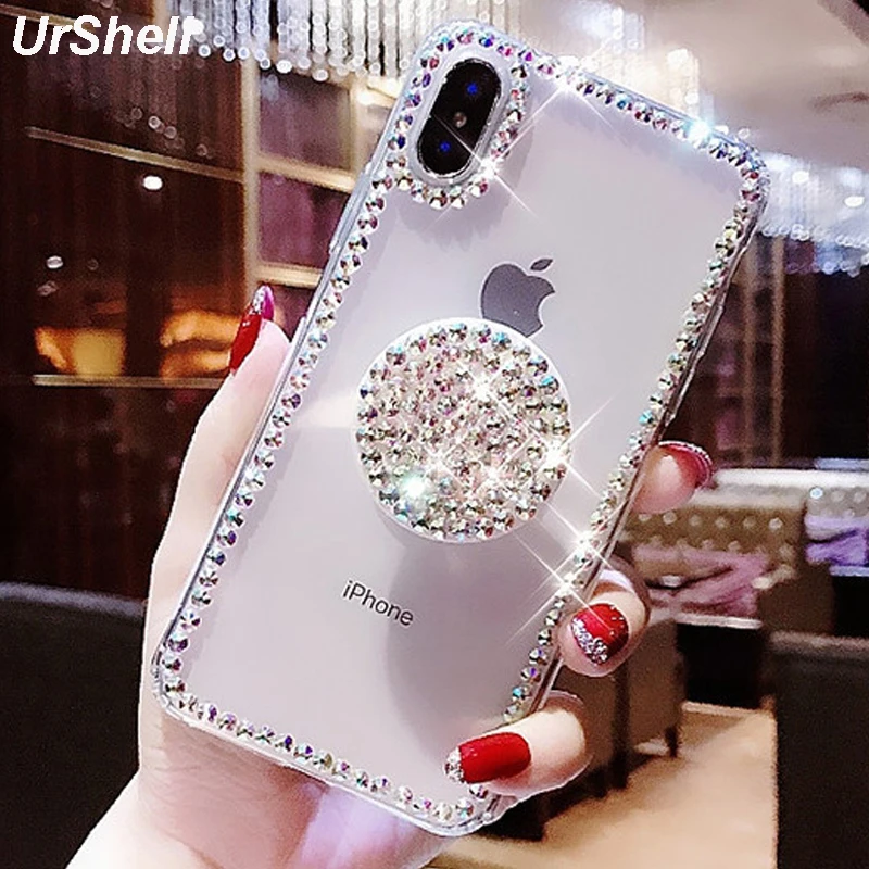 Bling Clear Phone Case For iphone X 8 7 6 6S Plus XR XS MAX Thin Slim Transparent Diamond Stander Holder Cases For iPhone XS MAX