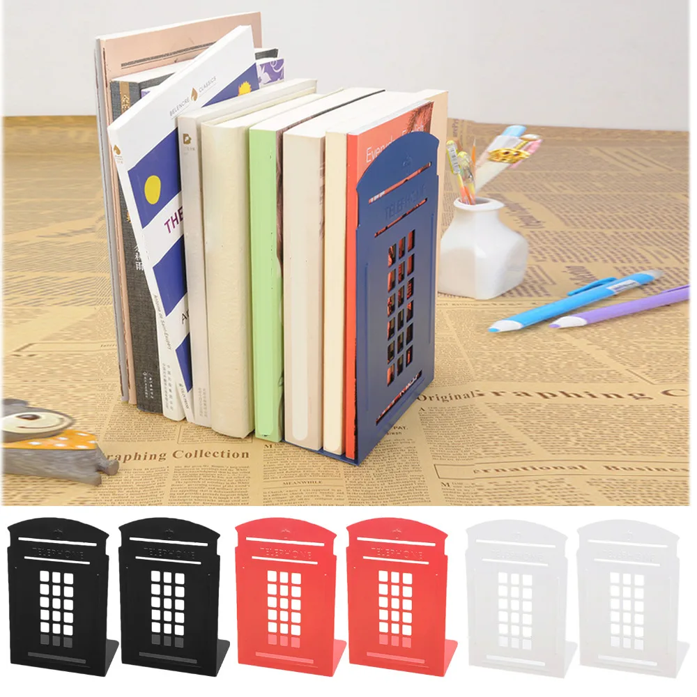 

2pcs Universal Vintage Telephone Booth Decorative Bookends Heavy Duty Metal Book Ends Holder Supports for Home Office Organizer