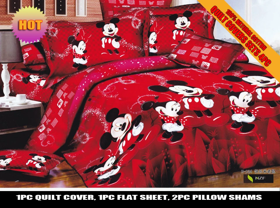 

red color mickey minnie mouse bedding set DISNEY cartoon bedspread cotton bed duvet covers Children's bedroom decor Queen King