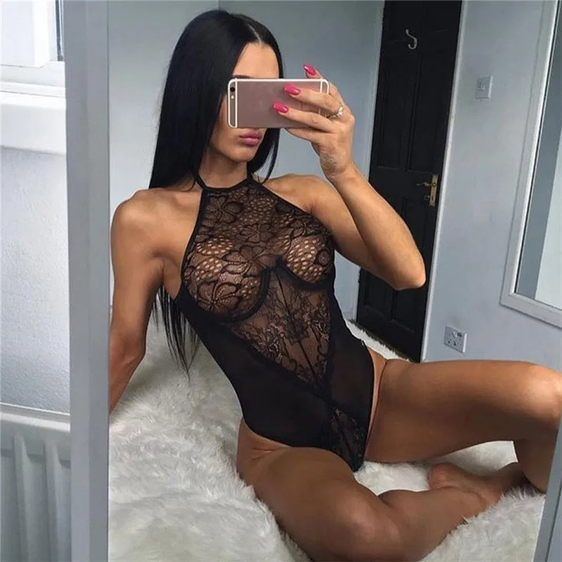 

Fabulous Womens Sexy Hanging Neck Piece Lace Underwear Nightgown black Lingerie Perspective jumpsuit for womans summer 2019