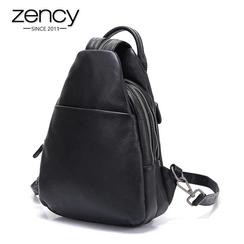 

Zency 100% Cowhide Genuine Leather Black Women Backpack Multi-layer Compartments Anti-theft Knapsack Casual Chest Bag Schoolbag